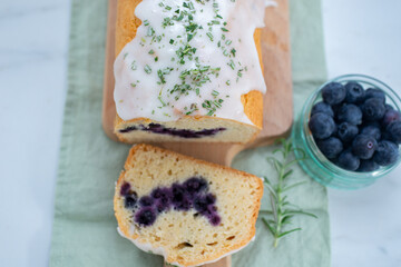 home made sweet blueberry sponge cake with rosemary