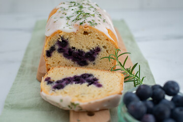 home made sweet blueberry sponge cake with rosemary