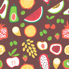 Seamless pattern with doodle fruits and berries. Food background.