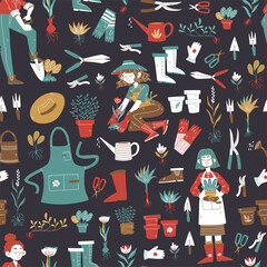 Vector seamless pattern with hand drawn of gardening tools.