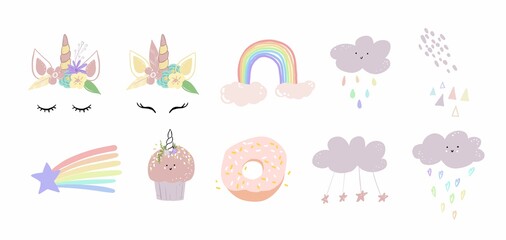 Cute unicorn, rainbow, cloud, cupcake, cupcake, pink donut, rain. with kawaii eyes. Set isolated on white background botany wedding invitations children's cute