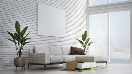 Modern living room interior design and white brick wall texture background