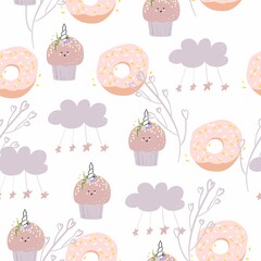 Seamless background cute cupcakes cupcakes with eyes leaves flowers rainbow baby for fabric and clothing