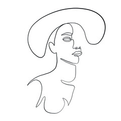 Linear glamour logo in minimal icon of girl in hat. Fashionable casual headwear. Graceful lady in headgear. Linear female beauty simple face drawn by one continuous line. 