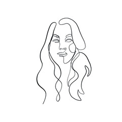 Woman portrait drawn in one continuous line. Linear glamour logo in minimal design for hair stylist, makeup artist, beauty salon and cosmetology. Beautiful woman face. Minimal portrait girl. 