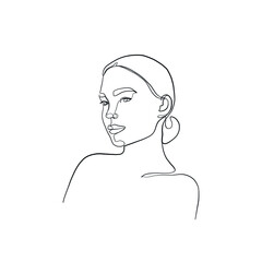 Woman portrait drawn in one continuous line. Linear glamour logo in minimal design for hair stylist, makeup artist, beauty salon and cosmetology. Beautiful woman face. Minimal portrait girl. 