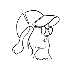 Stylish one continuous line woman in sunglasses. Fashionable typography girl in minimalist style. Beauty sign. Attractive fashion model. Summer fashion.