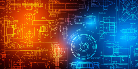 Technology neon background .Mechanical engineering drawings.Technical drawing background .Vector illustration.