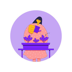 Young woman watering plants in her balcony garden. Minimalist vector concept illustration