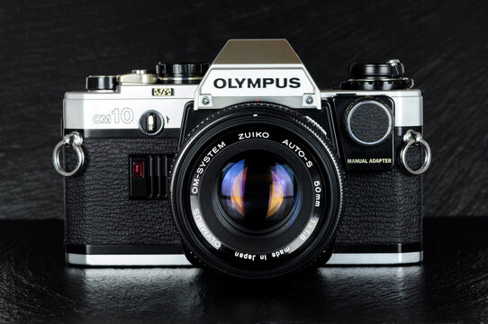 Olympus OM 10 35mm single lens reflex camera with a Zuiko 50mm auto-s lens fitted, the OM 10 was launched in 1979 as part OM system range