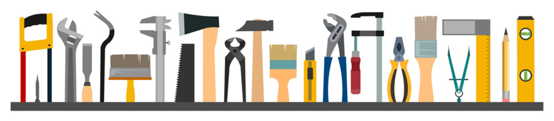Tools background horizontal. Isolated vector objects. Instuments carpenter, home master, handyman. Repair of premises, buildings.