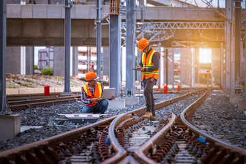 Engineer under inspection and checking construction process railway switch and checking work on railroad station .Engineer wearing safety uniform and safety helmet in work. - obrazy, fototapety, plakaty
