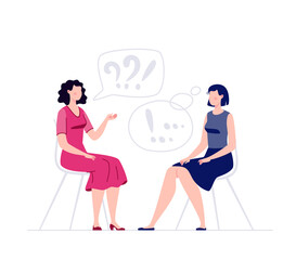 Two women are sitting and talking. Psychologist and client. Psychologist consultation. Psychotherapist. A session of psychotherapy. Vector illustration in flat cartoon style.