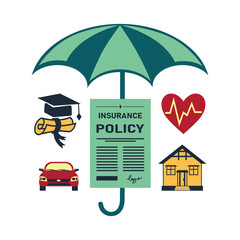 Life insurance concept,, insurance policy under umbrella, covering health, property and education cases, flat design, multicolored icons and symbols on white background.