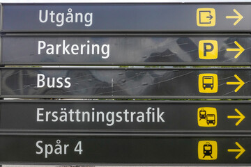 Bastutrask, Sweden  Directional signs at a train station.