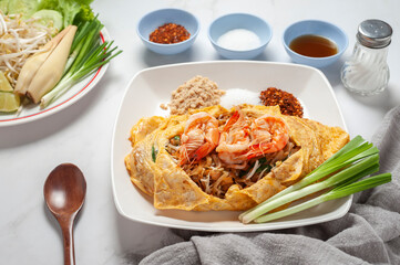 Stir fried rice sticks or noodle with prawns. Thai popular menu. Thai food is called Pad thai. 