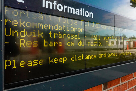 Bastutrask, Sweden A digital display in the train station tells people to keep their distance during the Corona pandemic.