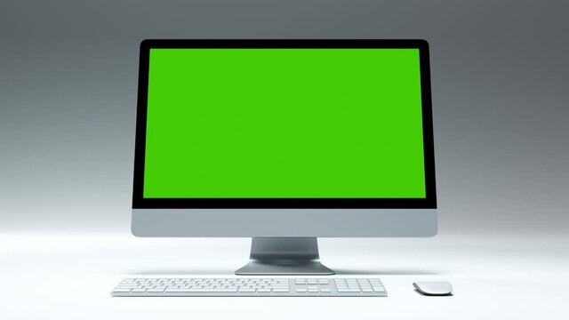 Clean Green Screen Computer for Presentation e business Blog or Game Applications. Motion Monitor with Chroma Key for Advertising Mockup Freelance Site. Desktop Greenscreen Background Closeup Nobody