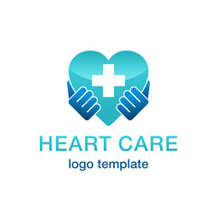 Heart care cardiology medical logo template - hands hold shape with medicine cross inside - isolated vector emblem or icon
