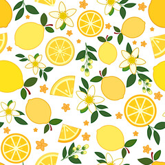 Lemons illustration yellow with outlines flowers and leaves saturated