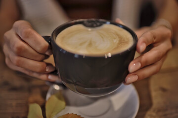 cup of cappuccino in a cafe in hands, coffee in a restaurant interior