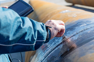 Ultrasonic examination to pipe welds. Ultrasonic testing (UT) is a family of non-destructive...