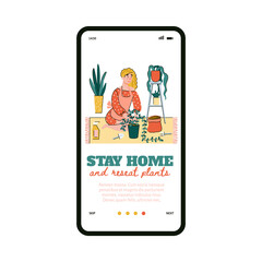 Stay home and reseat plants - mobile app with woman in quarantine replanting houseplants and smiling. Gardening website onboarding banner, isolated vector illustration.