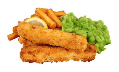 Jumbo breadcrumb covered cod fish fingers and chips meal with mushy peas isolated on a white background