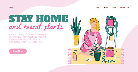 Flat line illustration of a girl who plants house plants. A woman stays at home because of a coronavirus epidemic. Vector template for a landing page for web design.