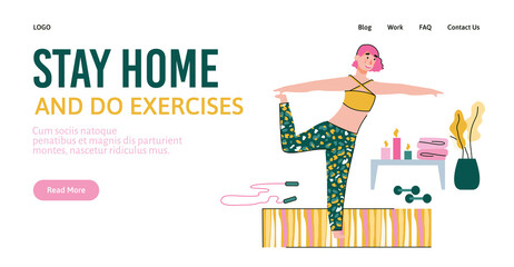 Stay home and do exercises header and woman character training at home in web banner template, vector illustration on white background. Quarantine and stay healthy.