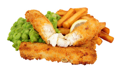Jumbo breadcrumb covered cod fish fingers and chips meal with mushy peas isolated on a white background