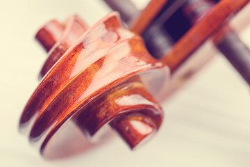 Closeup of beautiful aesthetic carving violin scroll at the end of the neck.