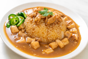 Chicken in brown sauce or gravy sauce with rice