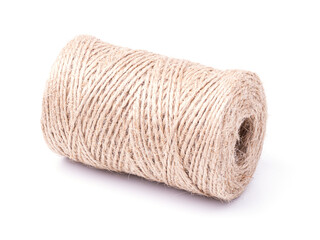 High-quality handmade coil made of natural hemp rope, isolated on a white background