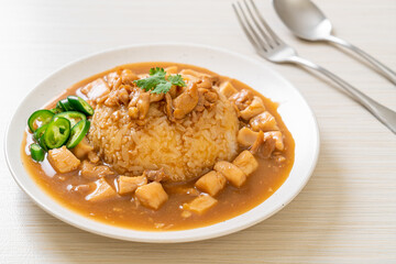 Chicken in brown sauce or gravy sauce with rice