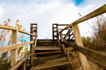 wooden staircase on the mountain 