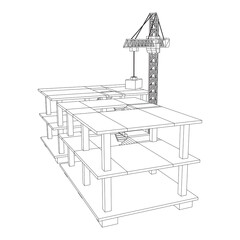 Building under construction with crane. Build house construct in process. Wireframe low poly mesh vector illustration