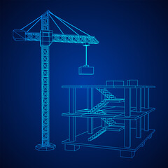 Building under construction with crane. Build house construct in process. Wireframe low poly mesh vector illustration