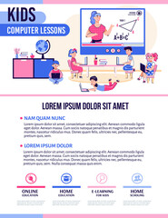 Obraz na płótnie Canvas KIds computer lessons banner template for children educational courses with cartoon characters and interface navigation, flat vector illustration on white background.