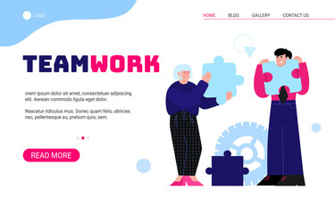 Teamwork business banner template with people cartoon characters connecting puzzle elements, flat vector illustration. Partnership and business team cooperation.