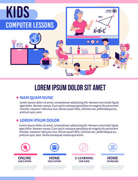 KIds computer lessons banner template for children educational courses with cartoon characters and interface navigation, flat vector illustration on white background.