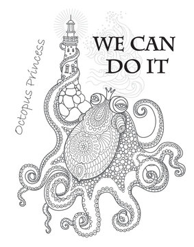 We Can Do It  concept wallpaper. Humorous Girls Power tee shirt print on a white  background. Octopus in princess crown cartoon character raising a lighthouse with tentacle