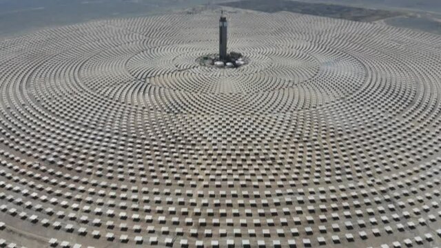 Cerro Dominador Solar Power Station is a 210 megawatt combined power plant operating on solar and photovoltaic power located in Maria Elena in the Antofagasta region of Chile (aerial view)