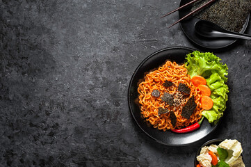 Korean hot spicy chicken flavor ramen instant noodles, stir fried noodle.