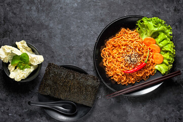 Korean hot spicy chicken flavor ramen instant noodles, stir fried noodle.