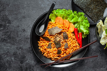 Korean hot spicy chicken flavor ramen instant noodles, stir fried noodle.