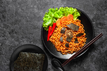Korean hot spicy chicken flavor ramen instant noodles, stir fried noodle.