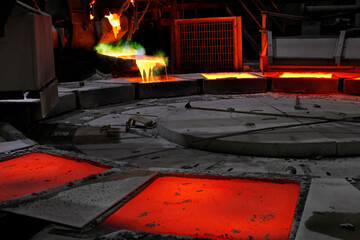 View of the casting and smelting for copper anode in the copper processing plant. Smelting involves...