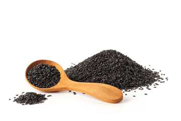 Sesame seed in wooden spoon on white background