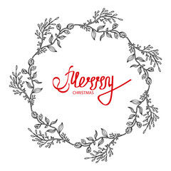 Merry Christmas text decorated with hand drawn branches with red berries. Greeting card design element. Red brush lettering. Vector typography.
